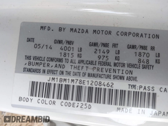 2014 Mazda 3 i Grand Touring with VIN JM1BM1M78E1208462, listed as a IAAI auction lot 41774218 with 82,781 mi miles and . Bid and sale history available at DreamBid. Image 9.