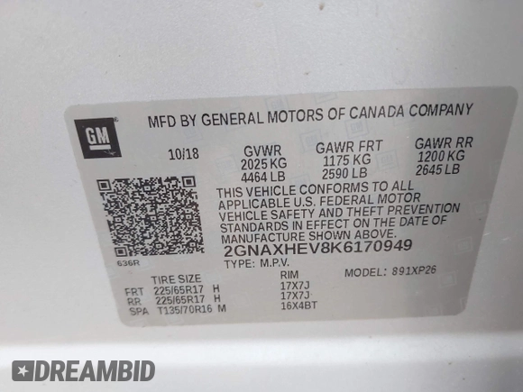 2019 Chevrolet Equinox LS with VIN 2GNAXHEV8K6170949, listed as a IAAI auction lot 41965525 with 124,883 mi miles and . Bid and sale history available at carsss.com. Image 9.