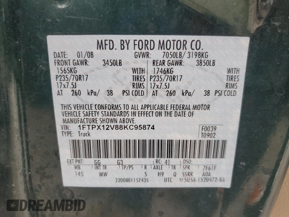2008 Ford F-150 XL with VIN 1FTPX12V88KC95874, listed as a Copart auction lot 43202515 with 197,551 mi miles and Clean title. Bid and sale history available at DreamBid. Image 13.
