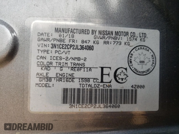 2018 Nissan Note SV with VIN 3N1CE2CP2JL364060, listed as a Copart auction lot 67246664 with 227,489 mi miles and Non Repairable. Bid and sale history available at DreamBid. Image 12.