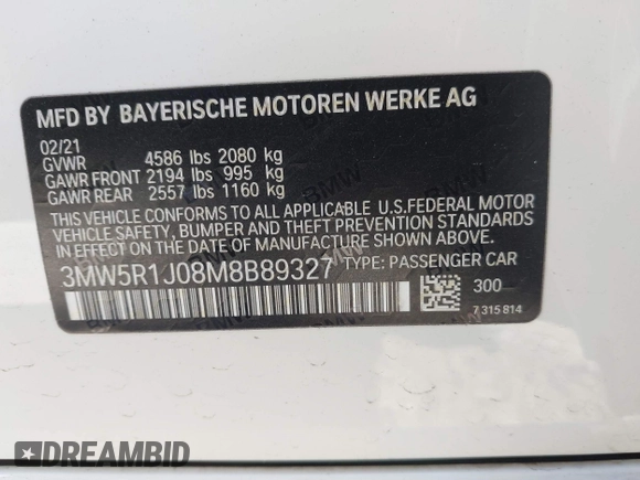 2021 BMW 3 Series 330i with VIN 3MW5R1J08M8B89327, listed as a IAAI auction lot 41655721 with 22,064 mi miles. Bid and sale history available at carsss.com. Image 9.