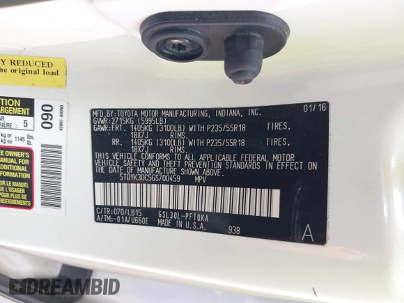2016 Toyota Sienna XLE with VIN 5TDYK3DC5GS700459, listed as a IAAI auction lot 41905607 with Not provided miles and . Bid and sale history available at DreamBid. Image 9.