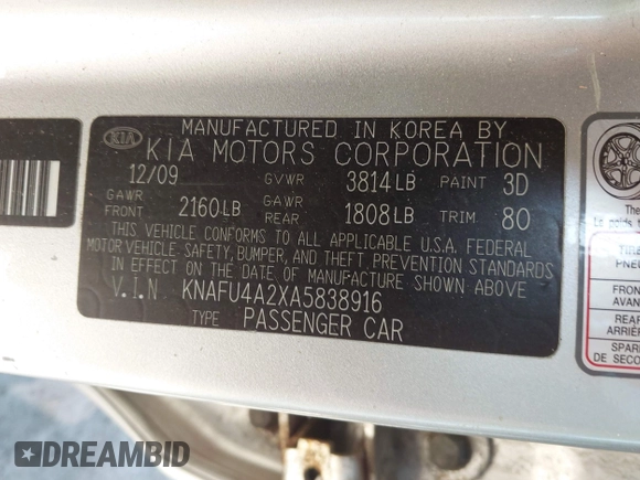 2010 Kia Forte EX z VIN KNAFU4A2XA5838916, wystawiony jako IAAI lot #42380123 z przebiegiem 153 033 mil mil oraz . Historia ofert i sprzedaży dostępna na DreamBid. Obrazek 9.