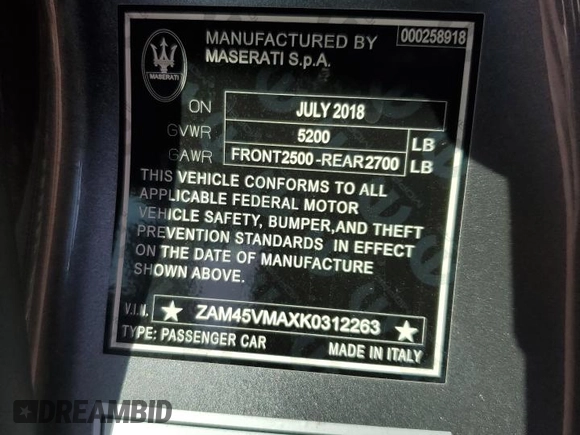 2019 Maserati GranTurismo Sport with VIN ZAM45VMAXK0312263, listed as a Copart auction lot 58569595 with 4,574 mi miles and Salvage title. Bid and sale history available at DreamBid. Image 13.