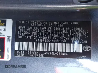 2011 Toyota Camry LE with VIN 4T1BF3EK1BU195858, listed as a IAAI auction lot 41682572 with 189,353 mi miles. Bid and sale history available at carsss.com. Image 9.