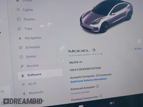 2019 Tesla Model 3 Mid Range with VIN 5YJ3E1EA6KF307456, listed as a IAAI auction lot 41944454 with 99,059 mi miles and . Bid and sale history available at DreamBid. Image 14.