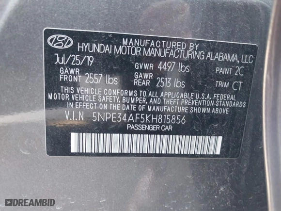 2019 Hyundai Sonata Sport with VIN 5NPE34AF5KH815856, listed as a IAAI auction lot 41687468 with 59,030 mi miles. Bid and sale history available at carsss.com. Image 9.