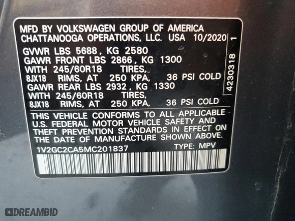 2021 Volkswagen Atlas Cross Sport 2.0T S with VIN 1V2GC2CA5MC201837, listed as a Copart auction lot 43451795 with 48,188 mi miles and Salvage Title. Bid and sale history available at carsss.com. Image 15.