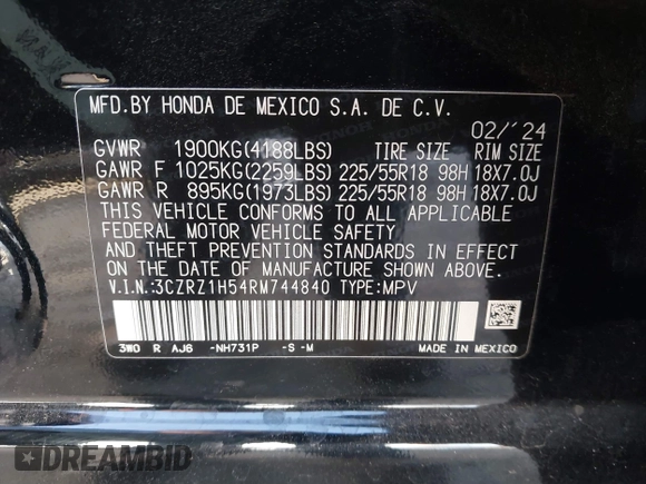2024 Honda HR-V Sport with VIN 3CZRZ1H54RM744840, listed as a IAAI auction lot 41615774 with 14,258 mi miles. Bid and sale history available at carsss.com. Image 9.