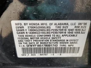 2007 Honda Pilot EX-L with VIN 5FNYF18517B001743, listed as a Copart auction lot 49447955 with 226,857 mi miles and Salvage Title. Bid and sale history available at carsss.com. Image 14.