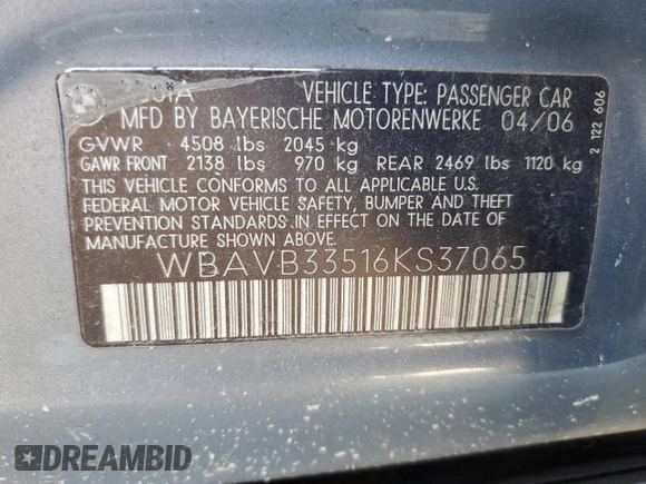 2006 BMW 3 Series 330i with VIN WBAVB33516KS37065, listed as a Copart auction lot 49379595 with Not Provided miles and Salvage Title. Bid and sale history available at DreamBid. Image 12.