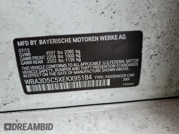 2014 BMW 3 Series 328d xDrive with VIN WBA3D5C5XEKX95184, listed as a Copart auction lot 53829225 with 160,062 mi miles and Clean title. Bid and sale history available at DreamBid. Image 12.