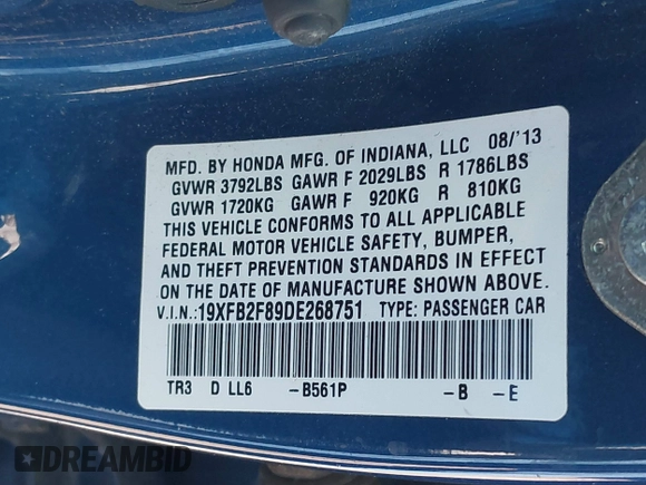 2013 Honda Civic EX with VIN 19XFB2F89DE268751, listed as a IAAI auction lot 42109107 with 121,102 mi miles and . Bid and sale history available at DreamBid. Image 9.