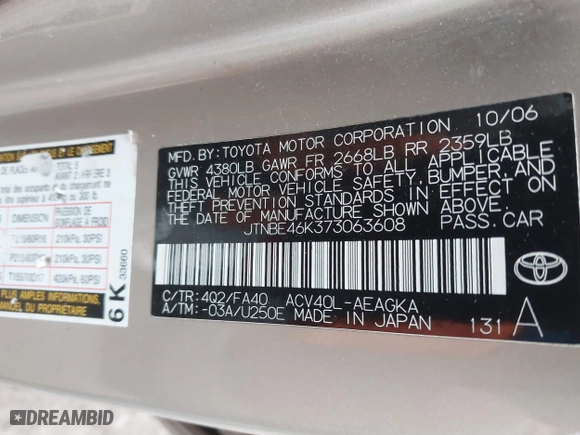 2007 Toyota Camry CE with VIN JTNBE46K373063608, listed as a IAAI auction lot 41512092 with 153,408 mi miles. Bid and sale history available at carsss.com. Image 9.