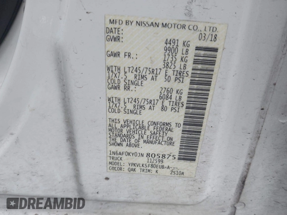 2018 Nissan NV SV with VIN 1N6AF0KY0JN805875, listed as a IAAI auction lot 41632093 with 130,052 mi miles. Bid and sale history available at carsss.com. Image 9.