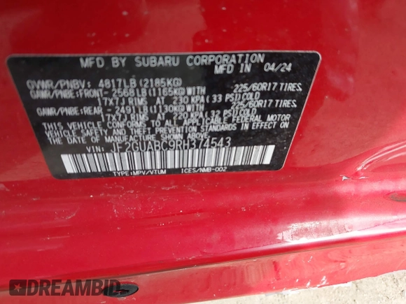 2024 Subaru Crosstrek with VIN JF2GUABC9RH374543, listed as a IAAI auction lot 41768818 with 2,171 mi miles and . Bid and sale history available at DreamBid. Image 9.