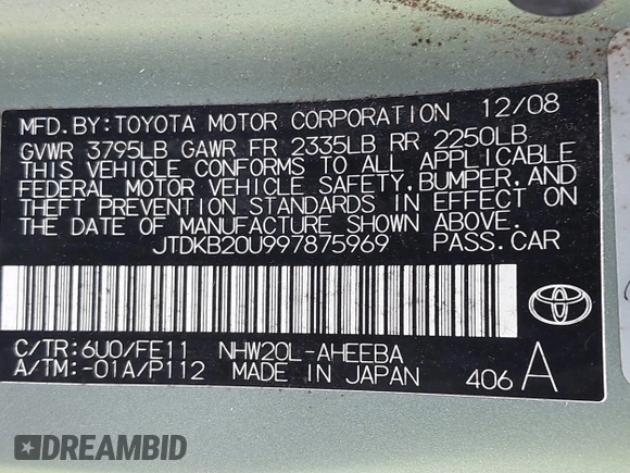 2009 Toyota Prius with VIN JTDKB20U997875969, listed as a IAAI auction lot 41866349 with 224,513 mi miles. Bid and sale history available at carsss.com. Image 9.