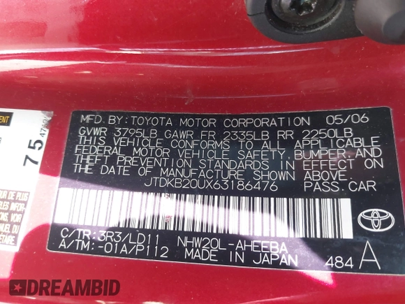 2006 Toyota Prius with VIN JTDKB20UX63186476, listed as a IAAI auction lot 41729644 with 94,092 mi miles and . Bid and sale history available at carsss.com. Image 9.