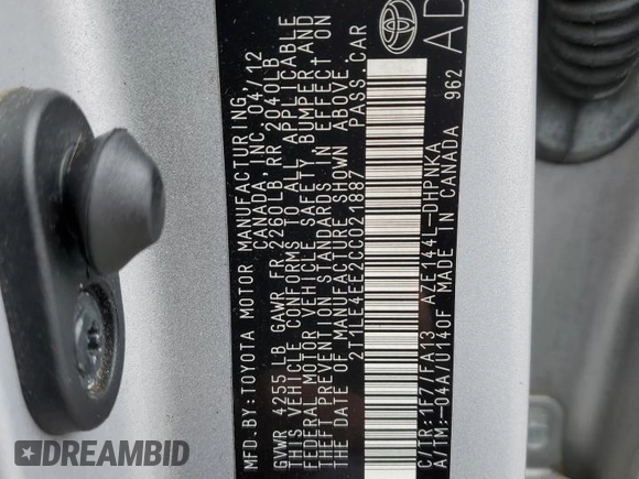2012 Toyota Matrix S with VIN 2T1LE4EE2CC021887, listed as a Copart auction lot 53394085 with 153,369 mi miles and Salvage title. Bid and sale history available at DreamBid. Image 13.