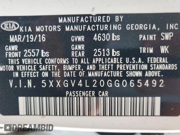 2016 Kia Optima SXL Turbo with VIN 5XXGV4L20GG065492, listed as a Copart auction lot 47194615 with 238,679 mi miles and Salvage title. Bid and sale history available at DreamBid. Image 14.