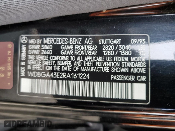 1994 Mercedes-Benz S with VIN WDBGA43E2RA161224, listed as a Copart auction lot 51299945 with 114,117 mi miles and Clean Title. Bid and sale history available at DreamBid. Image 12.