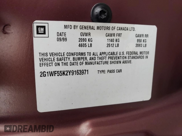 2000 Chevrolet Impala with VIN 2G1WF55K2Y9163971, listed as a Copart auction lot 47093875 with 65,951 mi miles and Salvage title. Bid and sale history available at DreamBid. Image 13.