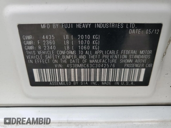 2012 Subaru Legacy Premium with VIN 4S3BMBC63C3042576, listed as a Copart auction lot 48579215 with 143,114 mi miles and Salvage Title. Bid and sale history available at DreamBid. Image 12.