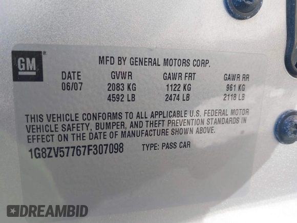 2007 Saturn Aura XR with VIN 1G8ZV57767F307098, listed as a IAAI auction lot 42050113 with 90,368 mi miles. Bid and sale history available at carsss.com. Image 9.