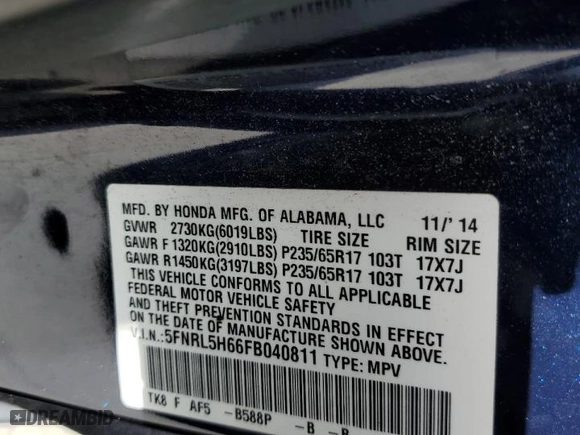 2015 Honda Odyssey EX-L with VIN 5FNRL5H66FB040811, listed as a Copart auction lot 47486255 with 138,188 mi miles and Salvage Title. Bid and sale history available at carsss.com. Image 13.