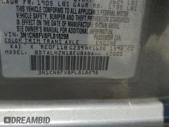 2023 Nissan Versa SR with VIN 3N1CN8FV8PL818298, listed as a Copart auction lot 61117574 with Not Provided miles and Salvage Title. Bid and sale history available at DreamBid. Image 14.