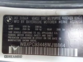 2008 BMW X3 3.0si with VIN WBXPC93448WJ18864, listed as a IAAI auction lot 42080625 with 190,322 mi miles. Bid and sale history available at carsss.com. Image 9.