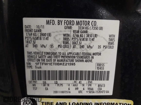 2011 Ford F-150 XLT with VIN 1FTFW1ET0BKE21595, listed as a IAAI auction lot 41662481 with 225,890 mi miles and . Bid and sale history available at carsss.com. Image 9.