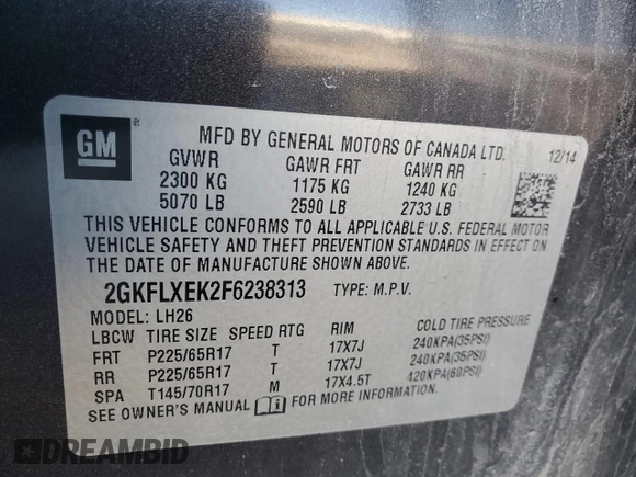 2015 GMC Terrain SLT with VIN 2GKFLXEK2F6238313, listed as a Copart auction lot 42239755 with 120,039 mi miles and Salvage Title. Bid and sale history available at DreamBid. Image 14.