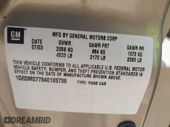 2004 Cadillac CTS with VIN 1G6DM577840105738, listed as a IAAI auction lot 42602467 with 79,312 mi miles and . Bid and sale history available at DreamBid. Image 9.