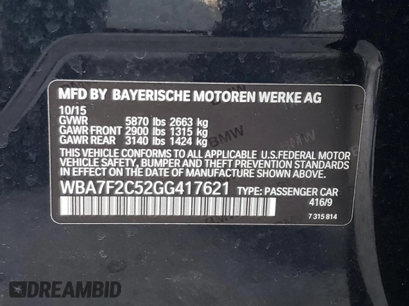 2016 BMW 7 Series 750i xDrive with VIN WBA7F2C52GG417621, listed as a Copart auction lot 72377382 with 0 mi miles. Bid and sale history available at carsss.com. Image 12.