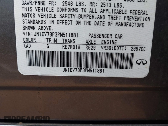 2023 Infiniti Q50 Luxe with VIN JN1EV7BP3PM511881, listed as a IAAI auction lot 41217294 with 18,620 mi miles and . Bid and sale history available at DreamBid. Image 9.