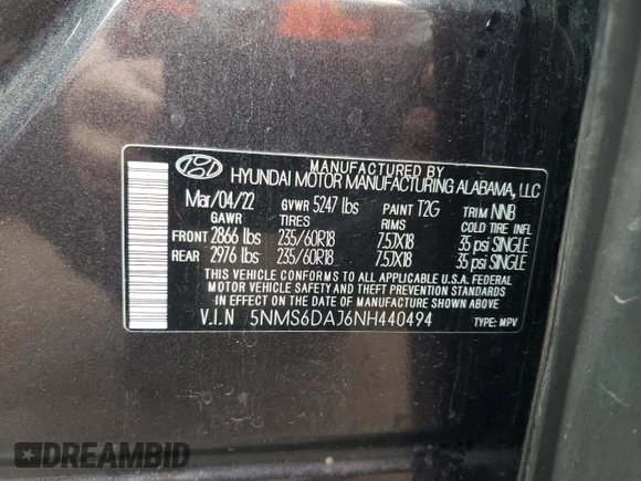 2022 Hyundai Santa Fe XRT with VIN 5NMS6DAJ6NH440494, listed as a Copart auction lot 53982874 with 45,865 mi miles and Salvage Title. Bid and sale history available at carsss.com. Image 15.
