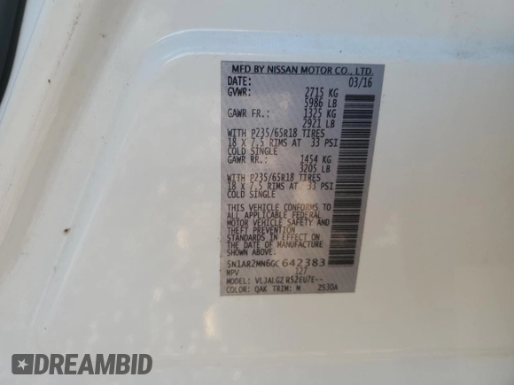 2016 Nissan Pathfinder Platinum with VIN 5N1AR2MN6GC642383, listed as a Copart auction lot 82894194 with 129,000 mi miles and Salvage Title. Bid and sale history available at carsss.com. Image 13.