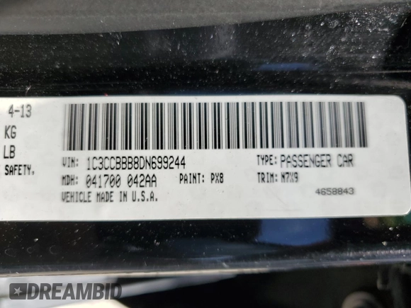 2013 Chrysler 200 Touring with VIN 1C3CCBBB8DN699244, listed as a Copart auction lot 55038415 with 177,772 mi miles and Non Repairable. Bid and sale history available at DreamBid. Image 13.