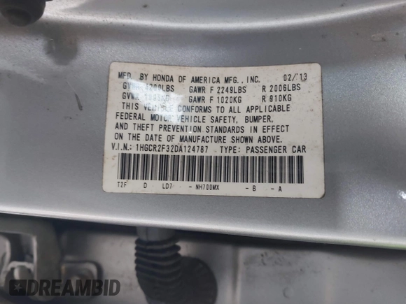 2013 Honda Accord LX z VIN 1HGCR2F32DA124787, wystawiony jako IAAI lot #41902262 z przebiegiem 122 803 mil mil oraz . Historia ofert i sprzedaży dostępna na DreamBid. Obrazek 9.