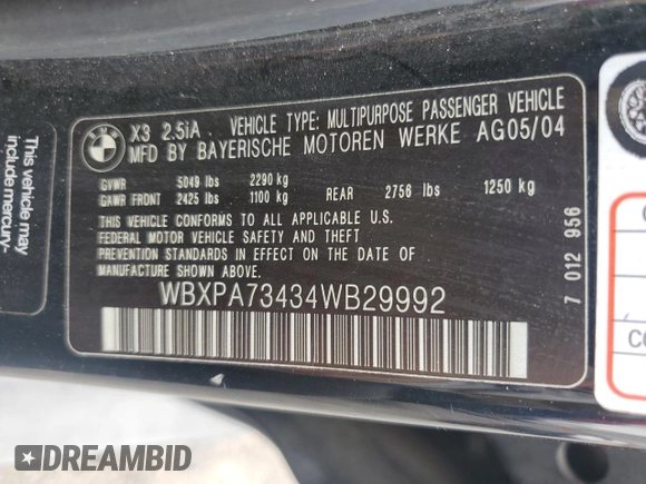2004 BMW X3 2.5i with VIN WBXPA73434WB29992, listed as a Copart auction lot 48790005 with 175,855 mi miles and Salvage Title. Bid and sale history available at carsss.com. Image 13.