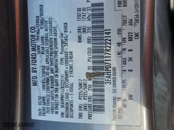 2007 Ford Fusion SE with VIN 3FAHP07117R222141, listed as a Copart auction lot 48464405 with 174,321 mi miles and Salvage Title. Bid and sale history available at carsss.com. Image 12.