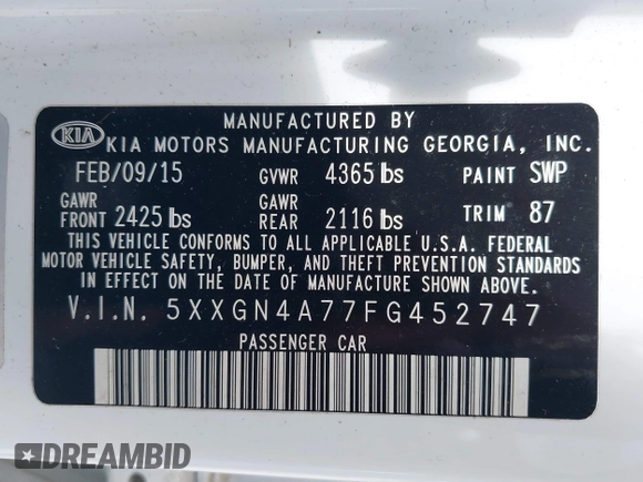 2015 Kia Optima EX with VIN 5XXGN4A77FG452747, listed as a IAAI auction lot 42772766 with 97,243 mi miles and . Bid and sale history available at DreamBid. Image 9.
