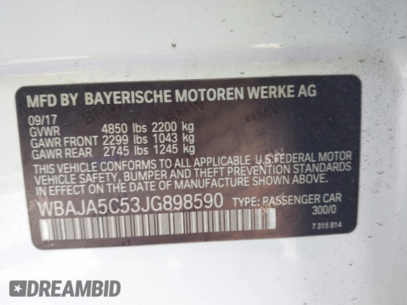 2018 BMW 5 Series 530i z VIN WBAJA5C53JG898590, wystawiony jako IAAI lot #42143629 z przebiegiem 135 111 mil mil oraz . Historia ofert i sprzedaży dostępna na DreamBid. Obrazek 9.