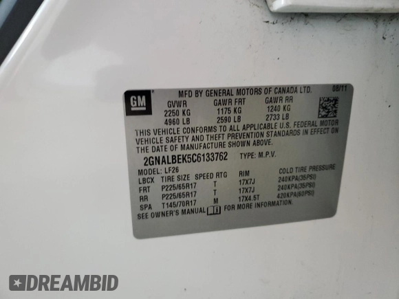 2012 Chevrolet Equinox LS with VIN 2GNALBEK5C6133762, listed as a Copart auction lot 55290615 with 109,590 mi miles and Clean Title. Bid and sale history available at DreamBid. Image 13.