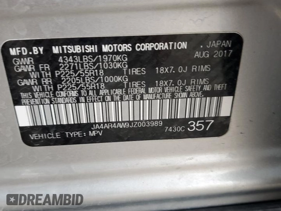 2018 Mitsubishi Outlander Sport SEL 2.4 with VIN JA4AR4AW9JZ003989, listed as a Copart auction lot 66461962 with 92,455 mi miles. Bid and sale history available at carsss.com. Image 10.