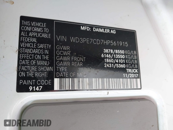 2017 Mercedes-Benz Sprinter Cargo Worker with VIN WD3PE7CD7HP561915, listed as a IAAI auction lot 41915896 with Not Provided miles. Bid and sale history available at carsss.com. Image 9.