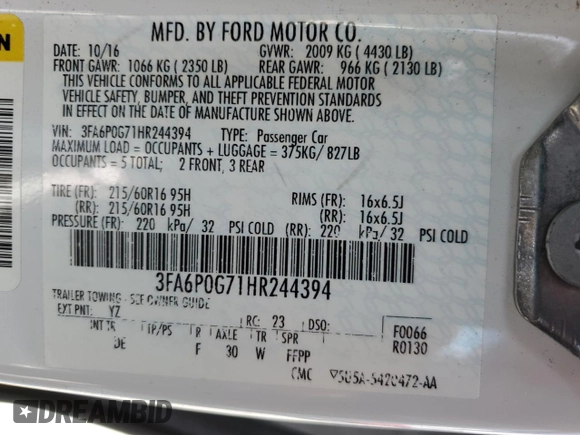 2017 Ford Fusion S with VIN 3FA6P0G71HR244394, listed as a Copart auction lot 45191695 with 70,982 mi miles and Clean Title. Bid and sale history available at carsss.com. Image 12.