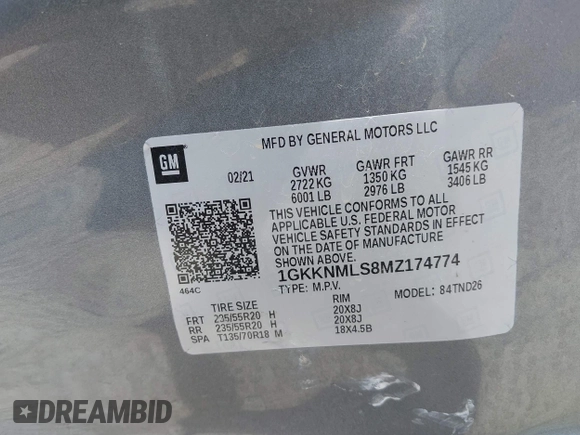 2021 GMC Acadia SLT z VIN 1GKKNMLS8MZ174774, wystawiony jako IAAI lot #42232686 z przebiegiem Nie podano mil oraz . Historia ofert i sprzedaży dostępna na DreamBid. Obrazek 9.