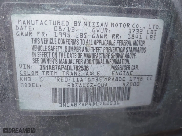 2013 Nissan Sentra SR with VIN 3N1AB7AP4DL762536, listed as a IAAI auction lot 41759988 with 131,741 mi miles. Bid and sale history available at carsss.com. Image 9.
